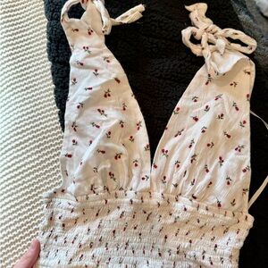 Cream Floral Tie-Strap Tank top with Red Cherry Print